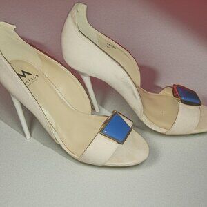 Shoe Dazzle Nude Faux Suede Stiletto Heels with Blue Stone Detail, New